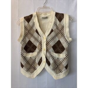 Vintage Women's 1970s Kmart Brown Tan Cream Argyle Print‎ Sweater Vest S